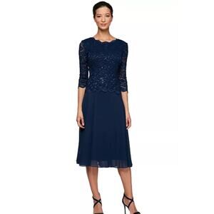 Alex Evenings Sequined Lace Contrast Midi Dress Size 16 Navy Mother of the Bride
